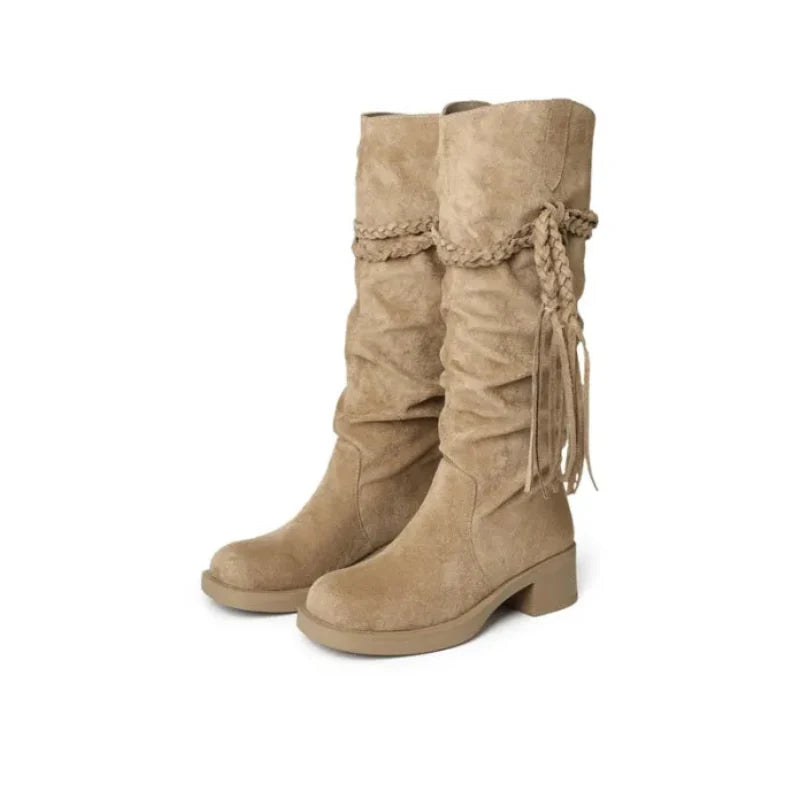 High Quality knee high boots made of suede with a low heel easy to wear equipped A818-2 Beige