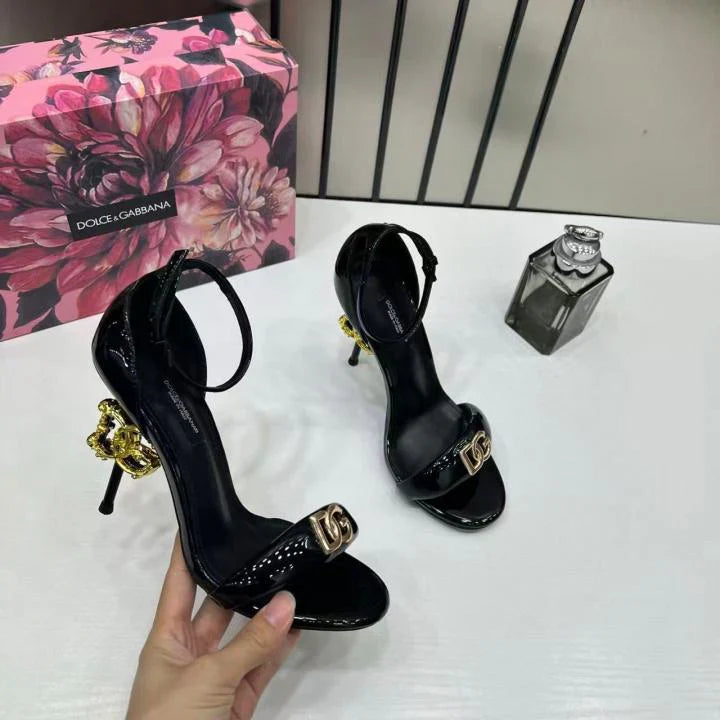 Dolce & Gabbana Sculpted Heel Baroque DG Patent Black Leather Sandal Heels Woman DG-19 Black