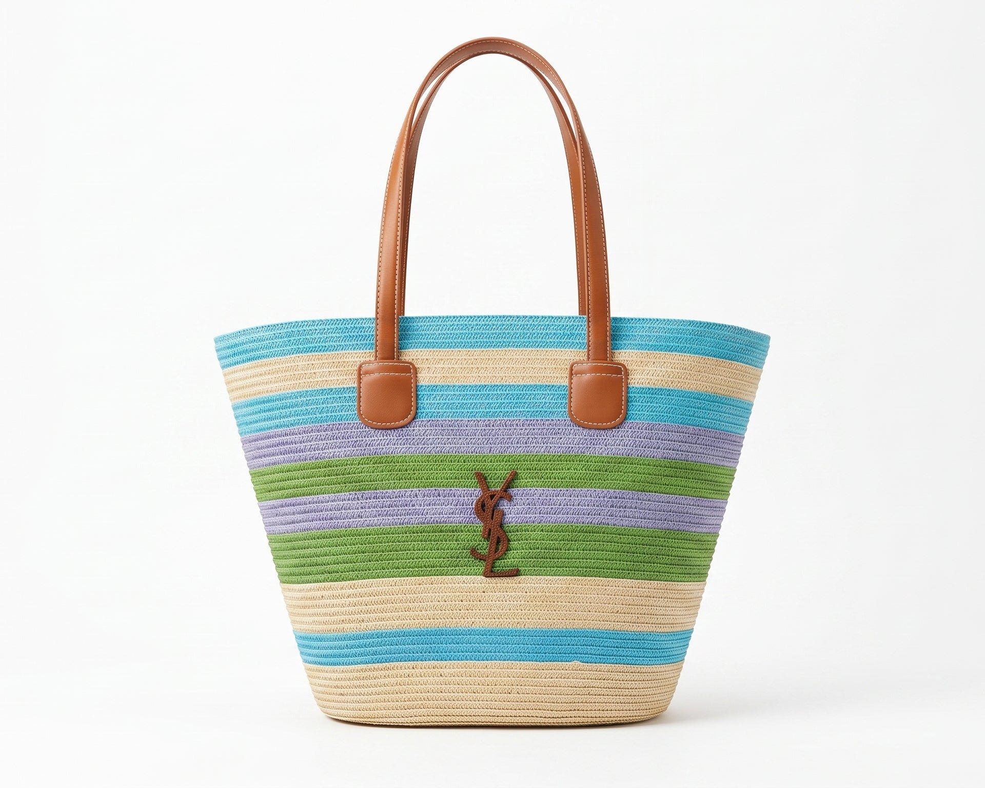 SAINT LAURENT Panier large leather-trimmed raffia tote Bag Woman YSL 209 Blue