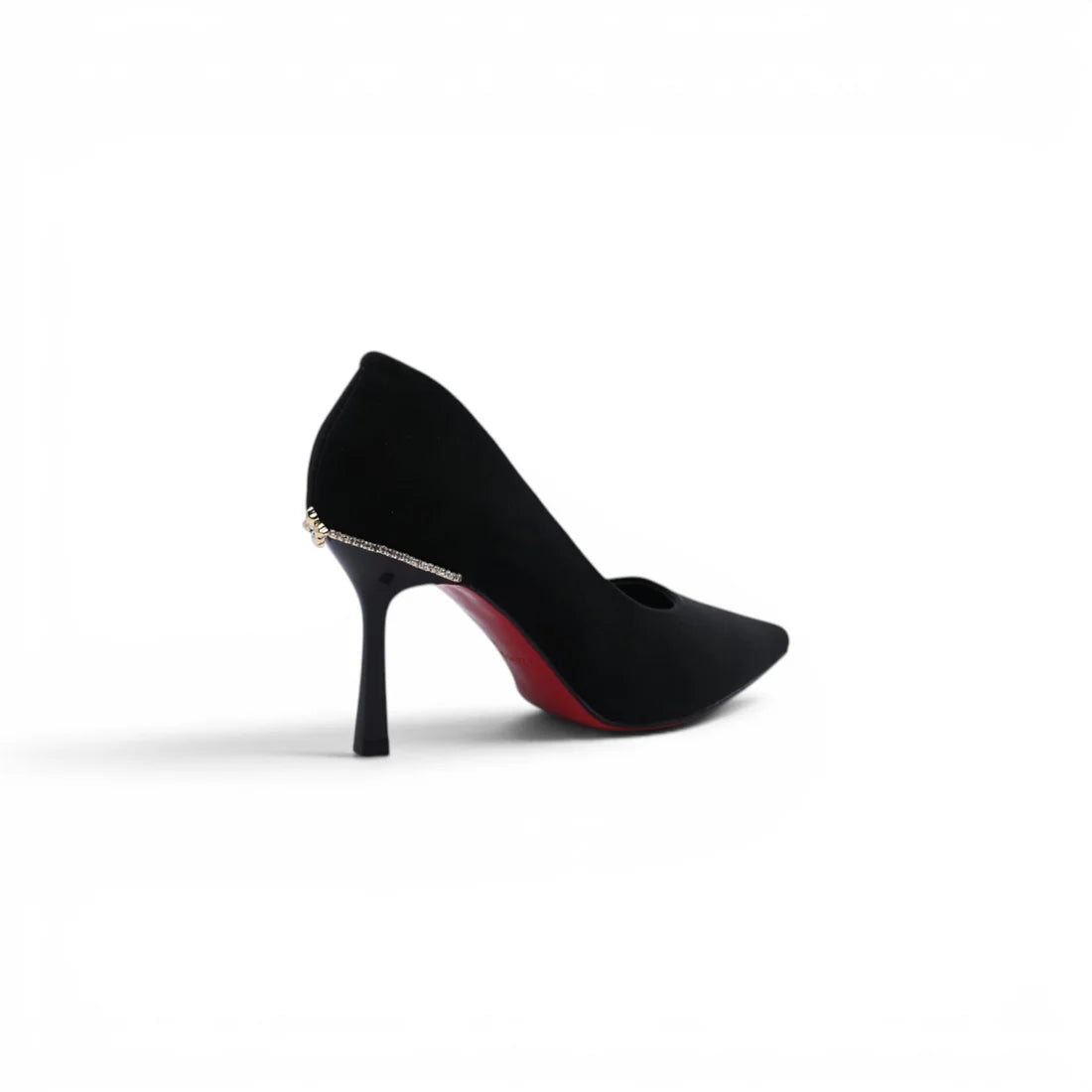 Faux Suede Pointed Stiletto Heel Shoes decorated With Crystals From Behind Woman 25275 Black