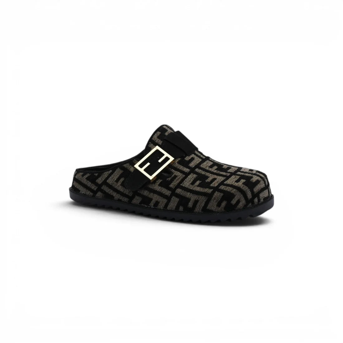 Fendi Fabric Jacquard Nappa FF Sabot Mules Feel Slippers Woman 985-2 Black