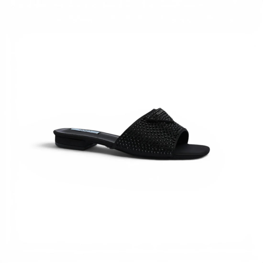 Prada Satin Crystal Logo Slide Embellished Sandals Woman 5566 Black