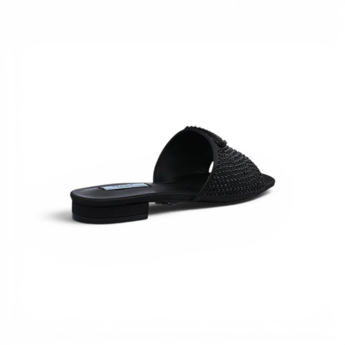 Prada Satin Crystal Logo Slide Embellished Sandals Woman 5566 Black