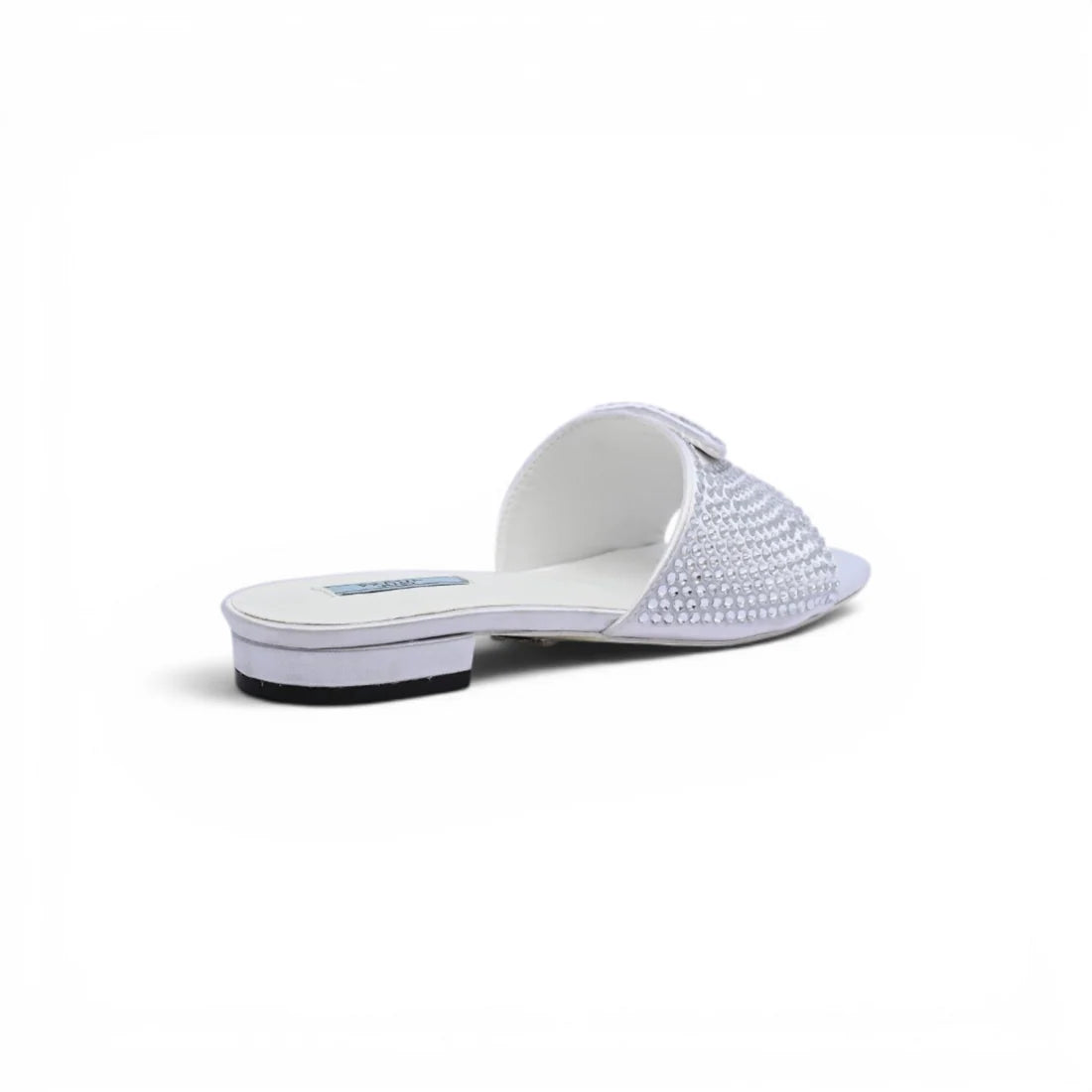 Prada Satin Crystal Logo Slide Embellished Sandals Woman 5566 Silver