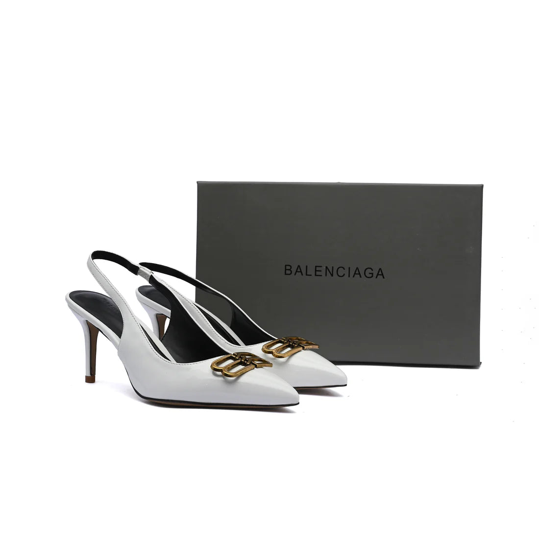 Balenciaga Square Knife BB Slingback Pumps Open Back 8812-5 White