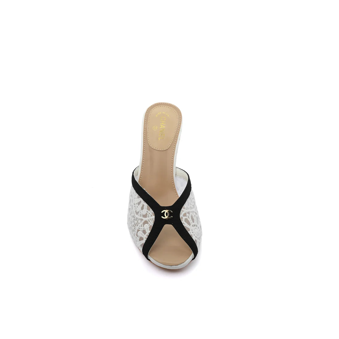 Chanel Designer Slide Chunky Block Heel Sandal with Woman 898-6 White