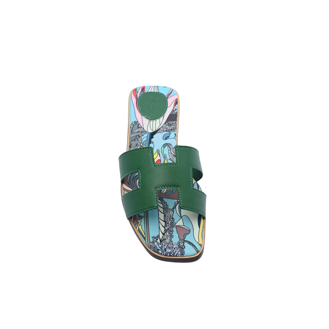 Hermes Leather Oran Flat Slide Sandals Woman H38-30 Green