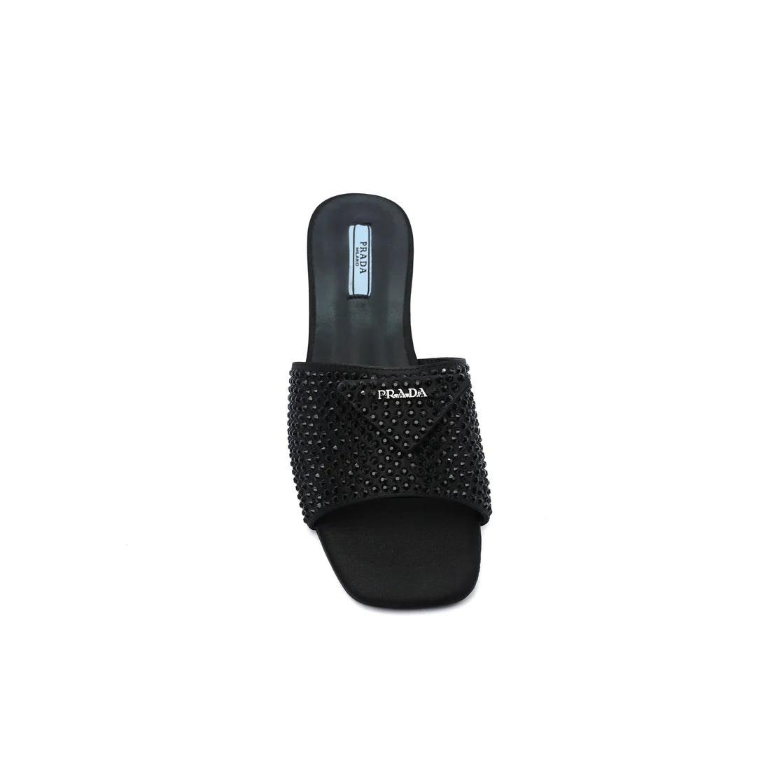 Prada Satin Crystal Logo Slide Embellished Sandals Woman 5566 Black