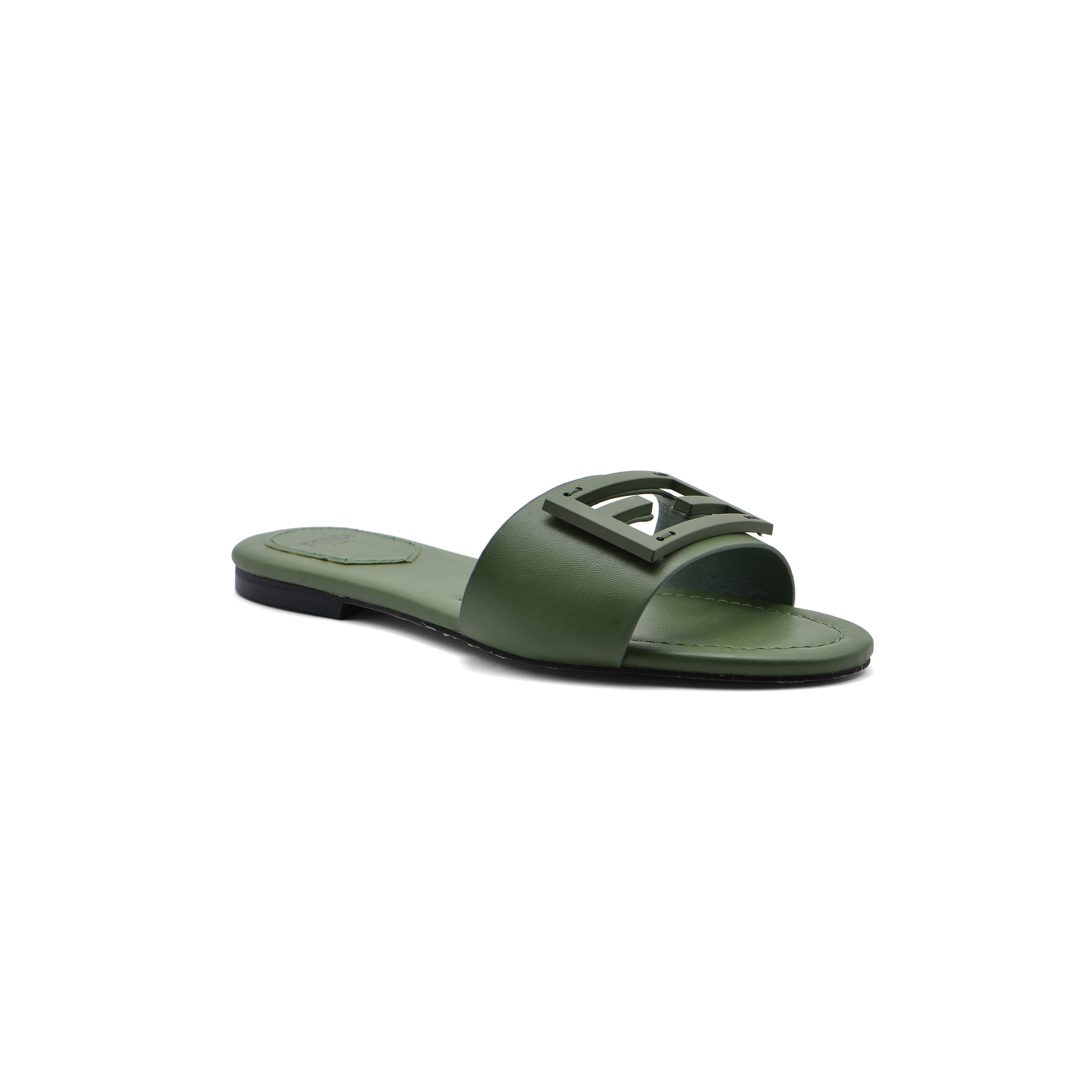 Fendi Baguette Cuoio Romano leather Signature Logo Slide Sandal Woman 1892-1 Green