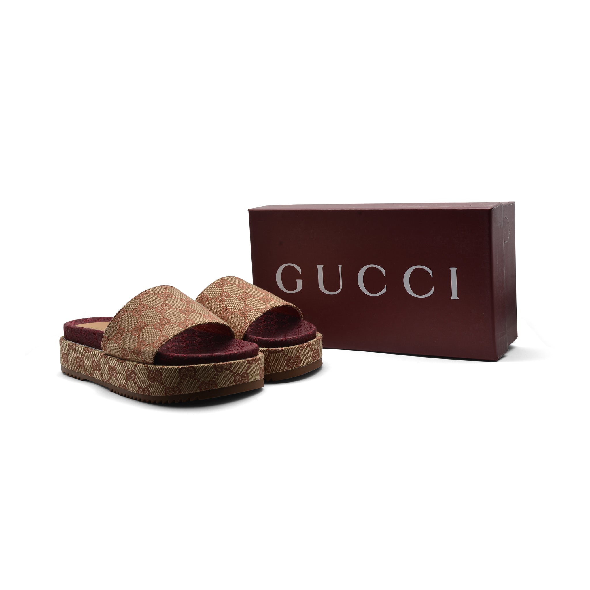 Gucci New Denim GG Monogram Angelina Platform Slide Woman 2020 Maroon
