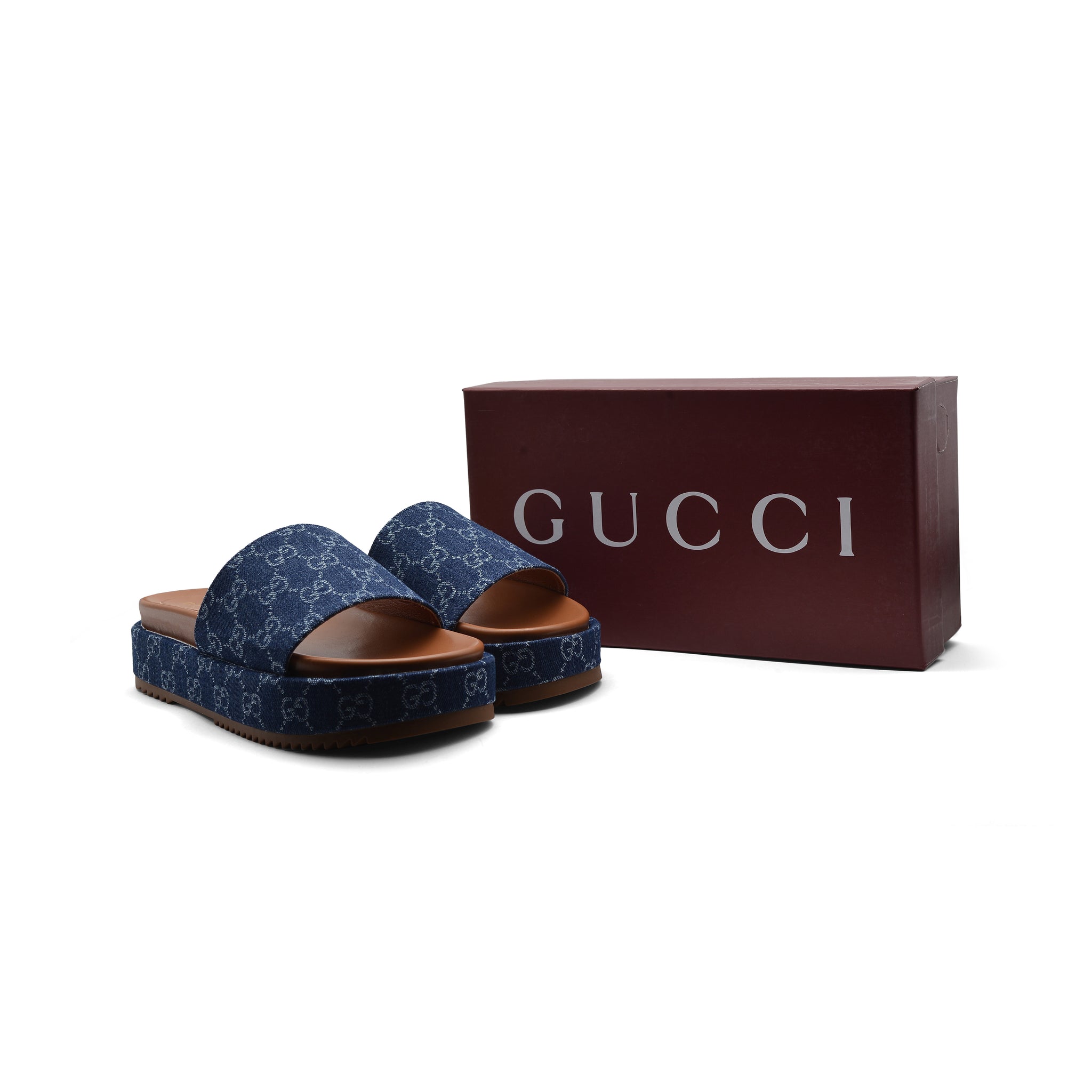 Gucci New Denim GG Monogram Angelina Platform Slide Woman 2020 Blue