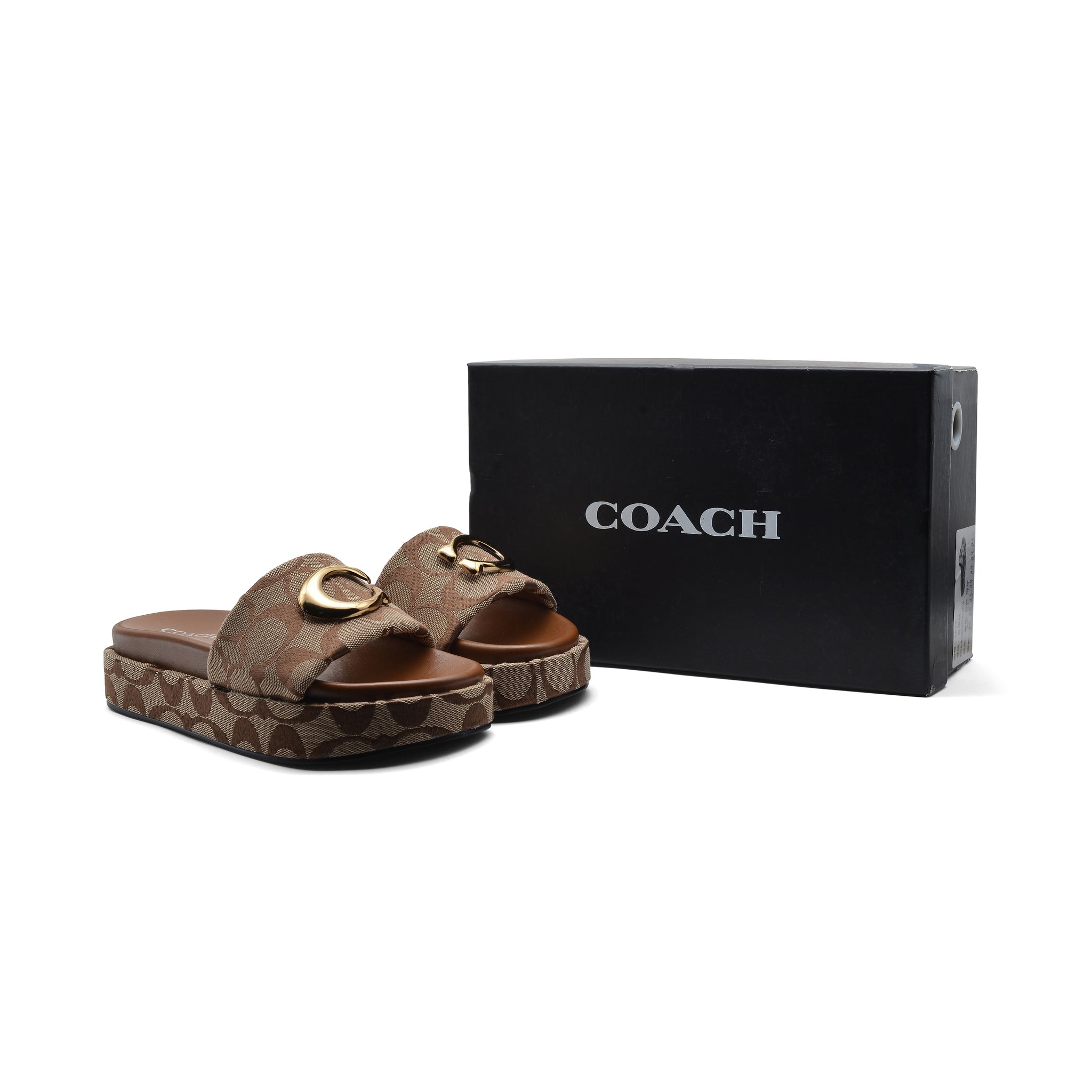 Coach Brand Thick Soled Slippers Logo Print Sandals Leather Women 8109 Brown