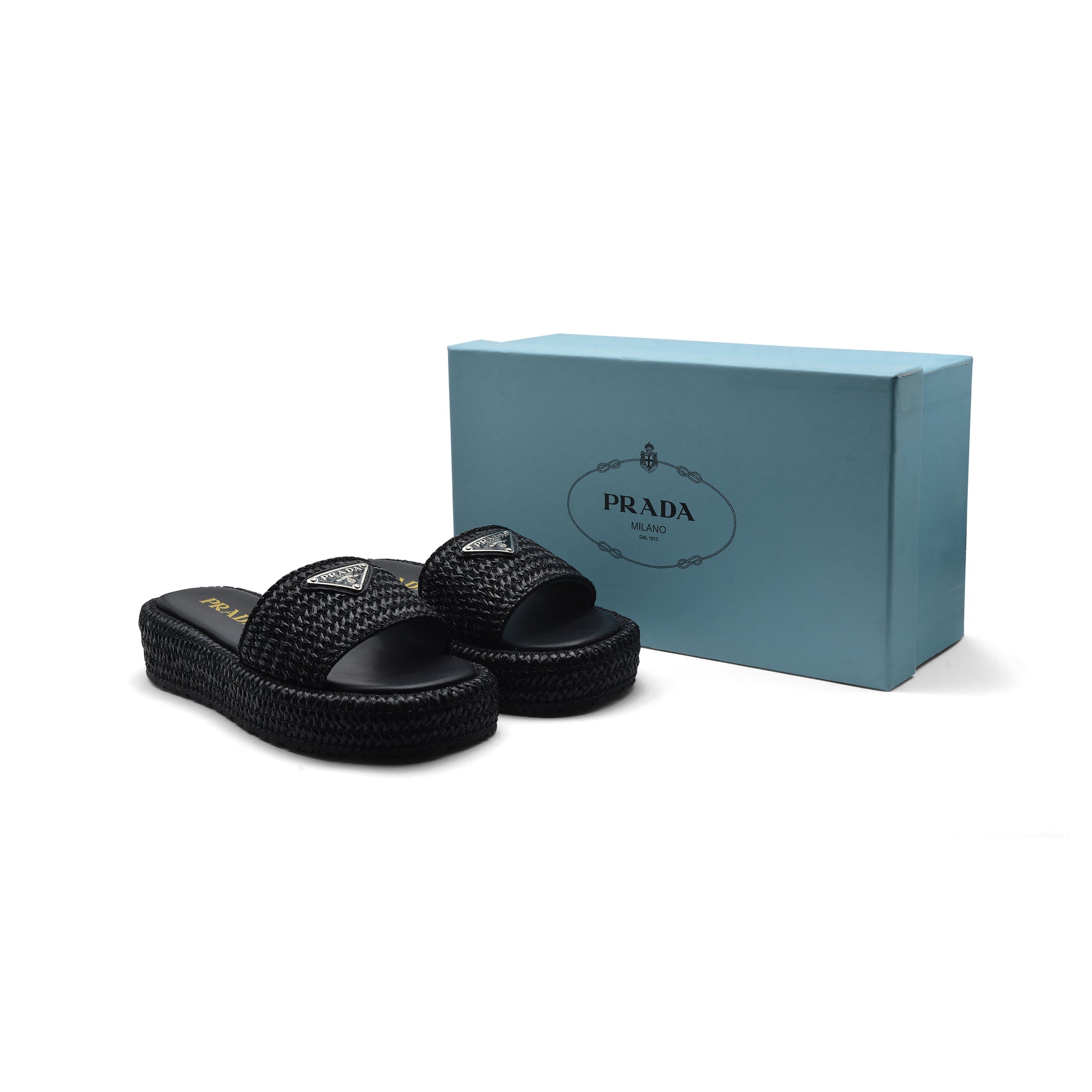 Prada Raffia Printed Espadrilles Crochet Flatform Sandals Woman PA-158 Black