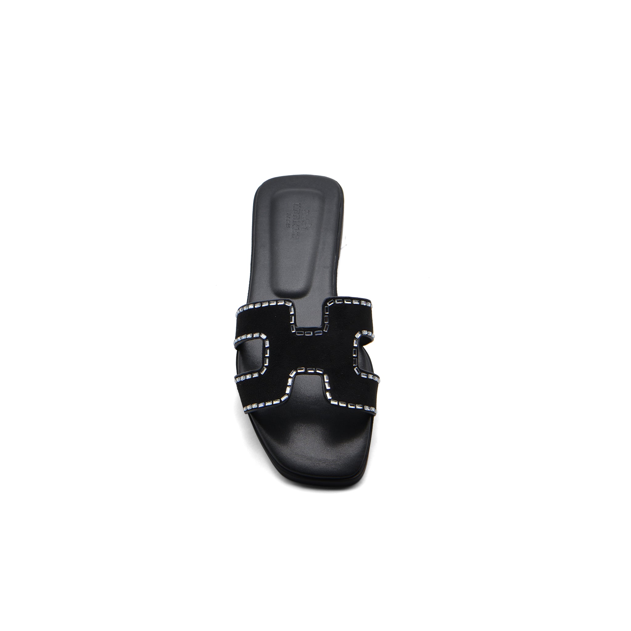 Hermes Calfskin Crystal Embellished Oran Sandals Woman H38-13 Black
