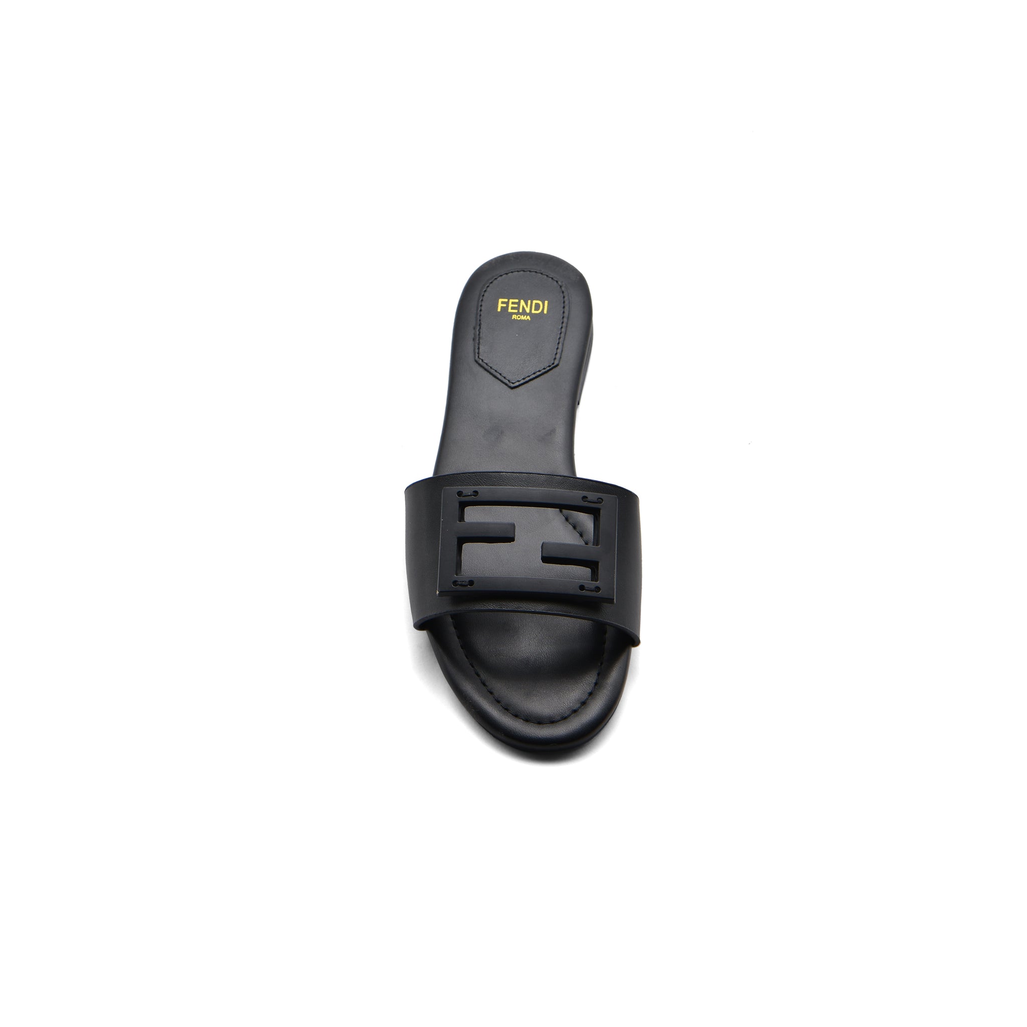 Fendi Baguette Cuoio Romano leather Signature Logo Slide Sandal Woman 1892-1 Black