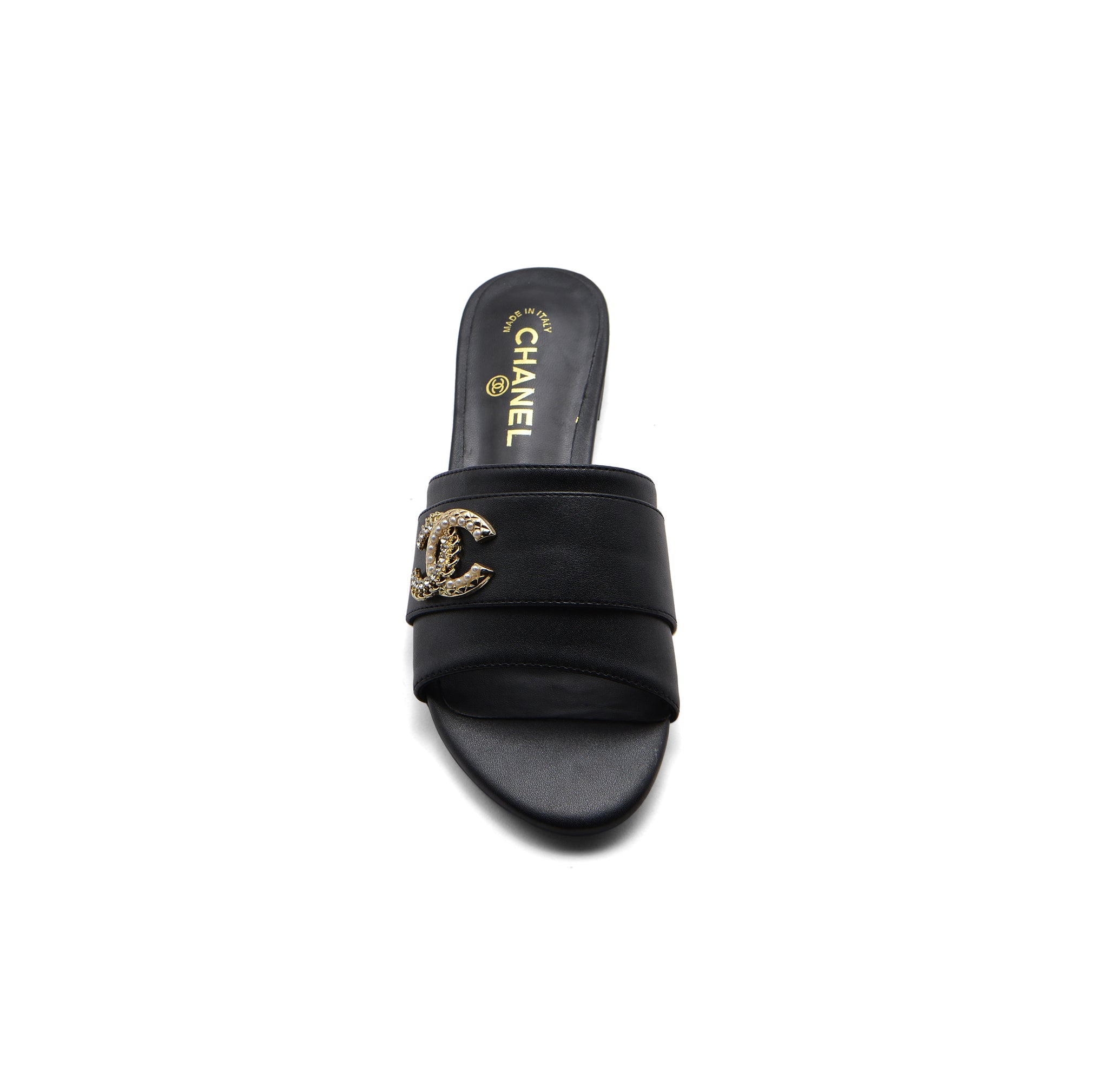 Chanel Leather Pearl Crystal CC Logo Slide Mules Ivory Slipper Woman 51156 Black