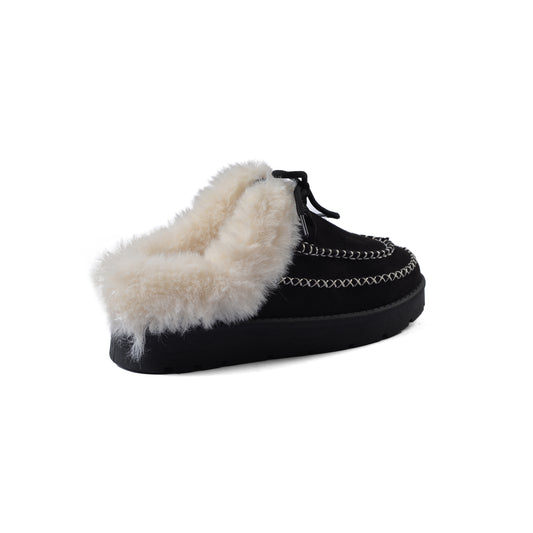 Slipper Double Flat Open Back Loafer Fur Luxury Woman VI-171 Black
