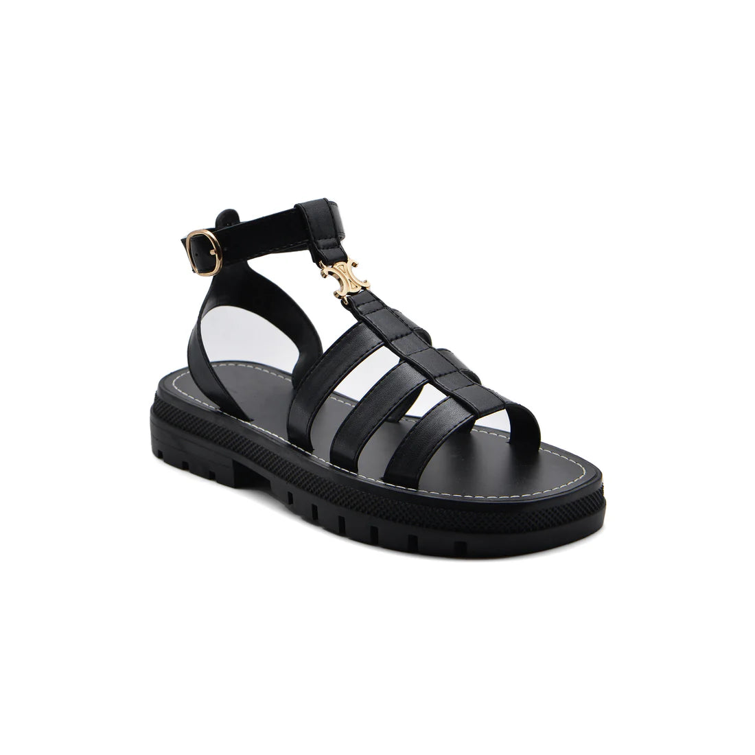 Celine Leather Clea Triomphe Strappy Gladiator Sandals Woman CC-11 Black