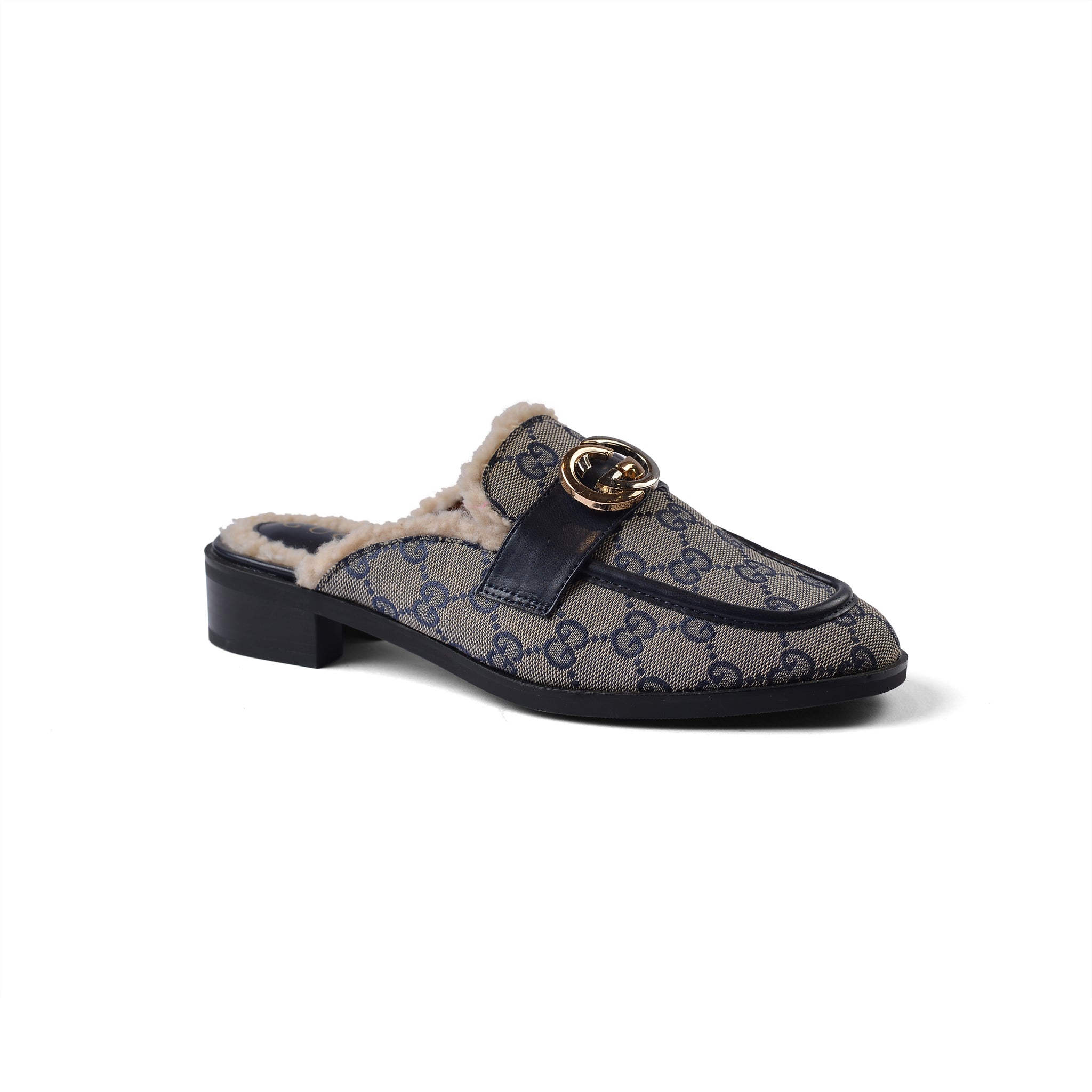 Gucci Flat Open Back Loafer Fur Slipper Luxury Woman VI-177 Navy
