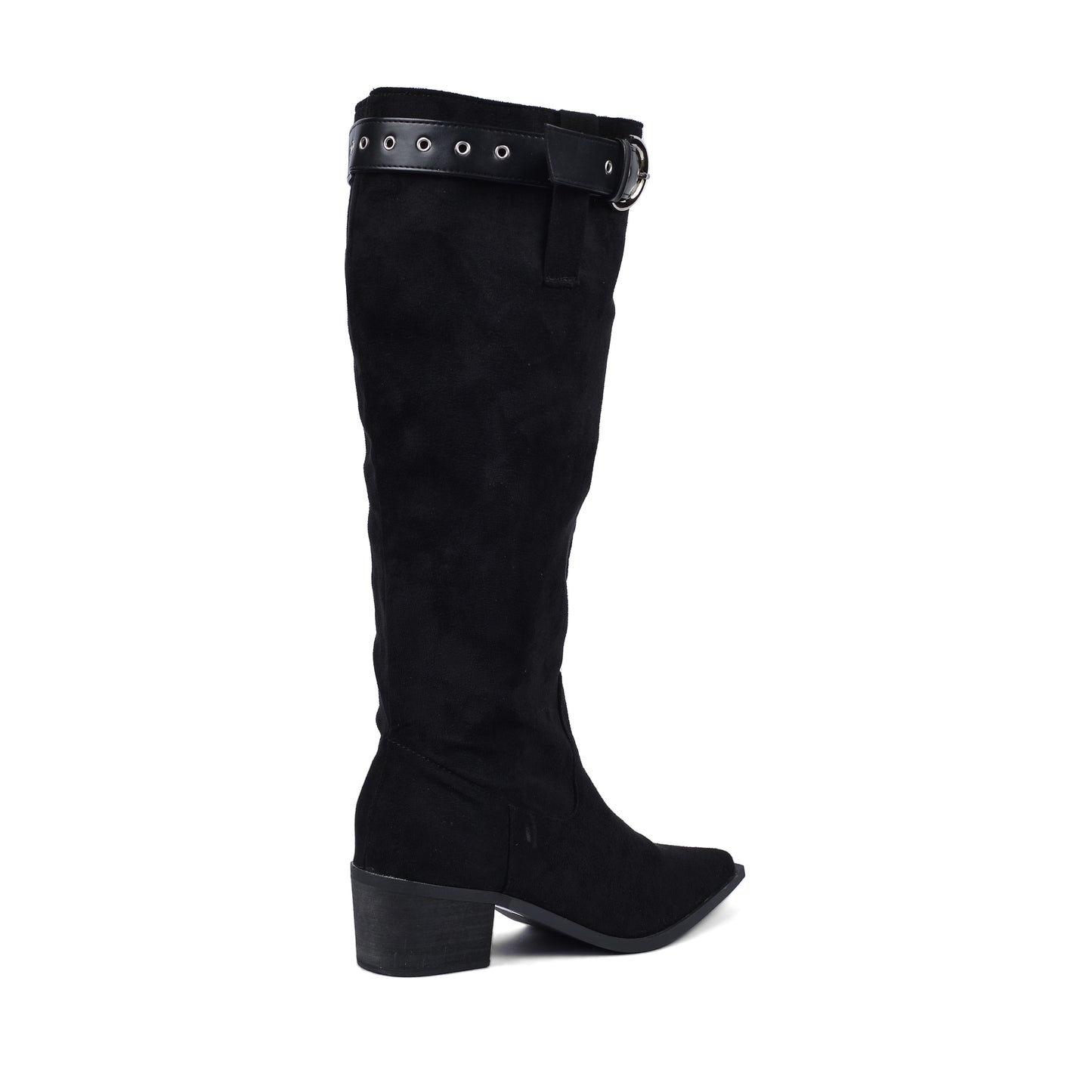 High Quality knee high boots made of suede with a low heel easy to wear equipped with a buckle DA09 Black