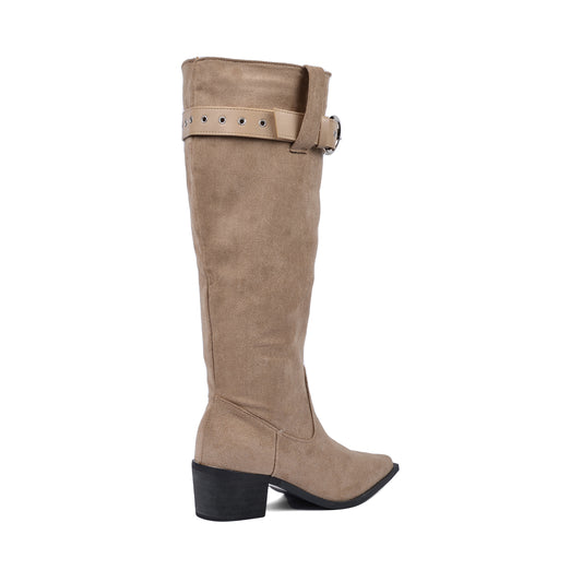High Quality knee high boots made of suede with a low heel easy to wear equipped with a buckle DA09 Beige