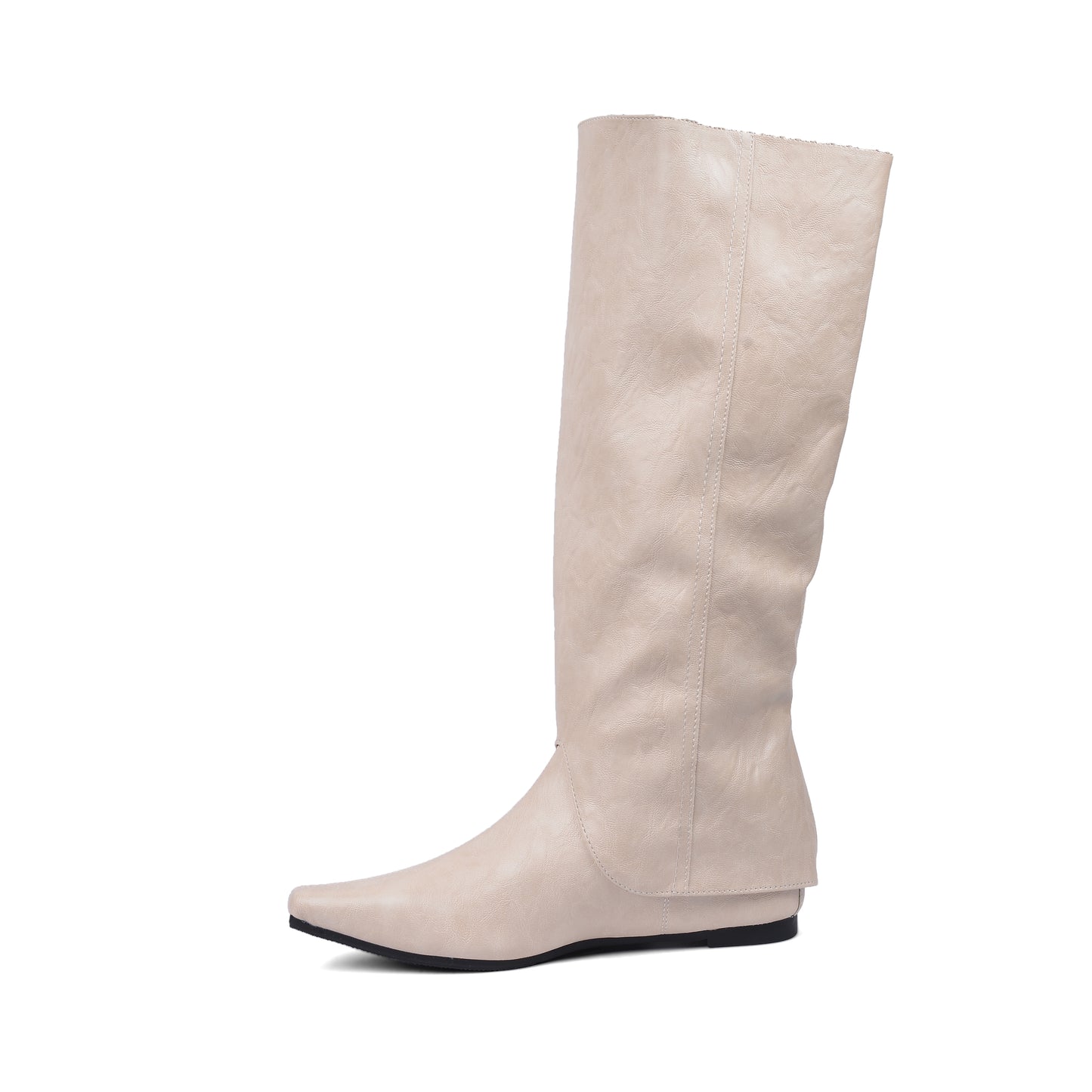 High Quality knee high boots made of suede with a low heel easy to wear equipped with a buckle QQ1 Beige