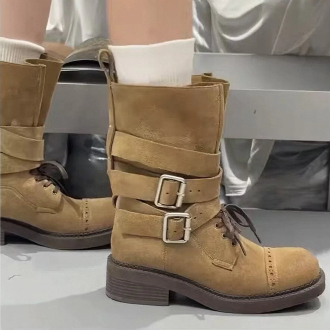 Half Boots High Quality with Buckle Detail belt Suede Woman L101 Khaki