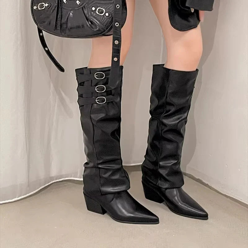 High Quality knee high boots made of suede with a low heel easy to wear equipped with a buckle D2988 Black
