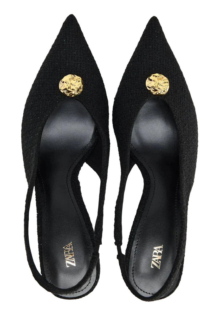 Zara Slingback Heels With Gold Medallion Woman 3044 Black