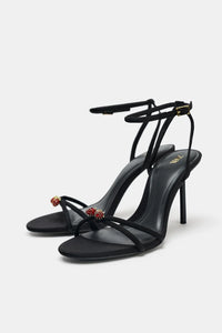 ZARA BEADED CROSSOVER STRAP SANDALS WOMAN 7433-10 BLACK