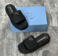 Prada Raffia Printed Espadrilles Crochet Flatform Sandals Woman PA-158 Black