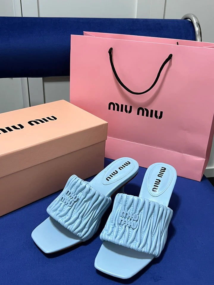 Miu Miu Slipper Designer Slides Leather Padded Front Strap Woman 52725 Baby Blue