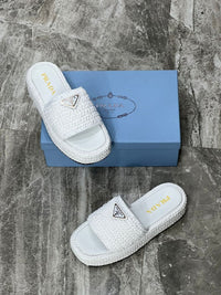 Prada Raffia Printed Espadrilles Crochet Flatform Sandals Woman PA-158 White