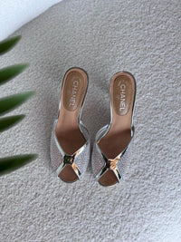Chanel Crystal Embellished Open Toe Heels With Rhinestones And Clear 898-5 Silver
