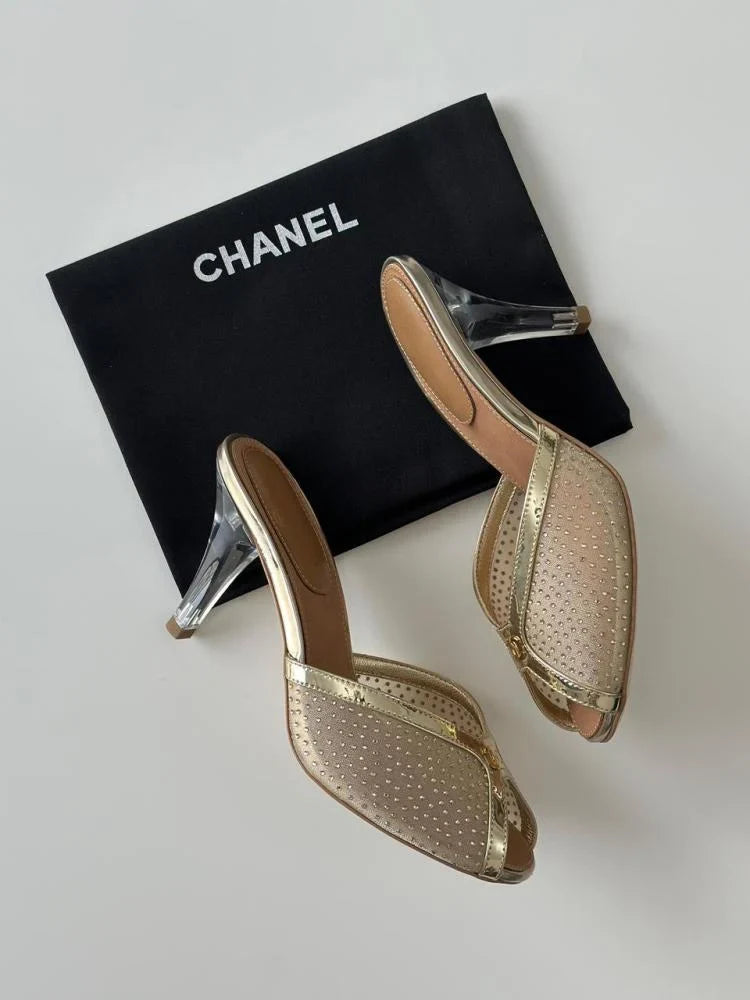 Chanel Crystal Embellished Open Toe Heels With Rhinestones And Clear 898-5 Gold