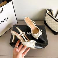 Chanel Luxury Leather Slides Designer High Heels Sandals Woman 7425 White