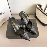 Chanel Luxury Leather Slides Designer High Heels Sandals Woman 7425 Black