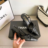 Chanel Luxury Leather Slides Designer High Heels Sandals Woman 7425 Black