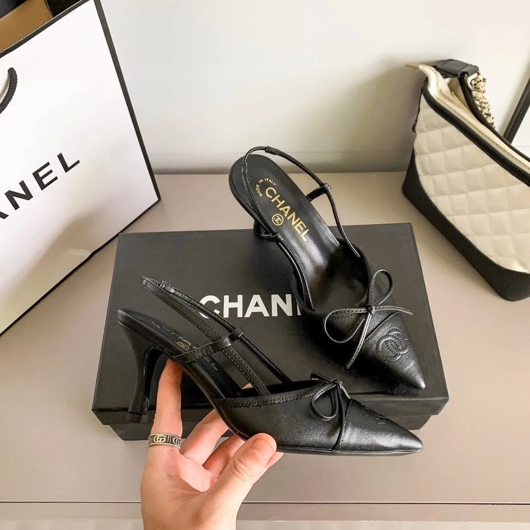 Chanel Luxury Leather Slides Designer High Heels Sandals Woman 7425 Black
