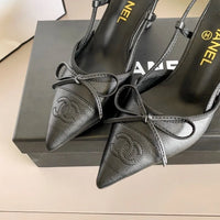 Chanel Luxury Leather Slides Designer High Heels Sandals Woman 7425 Black