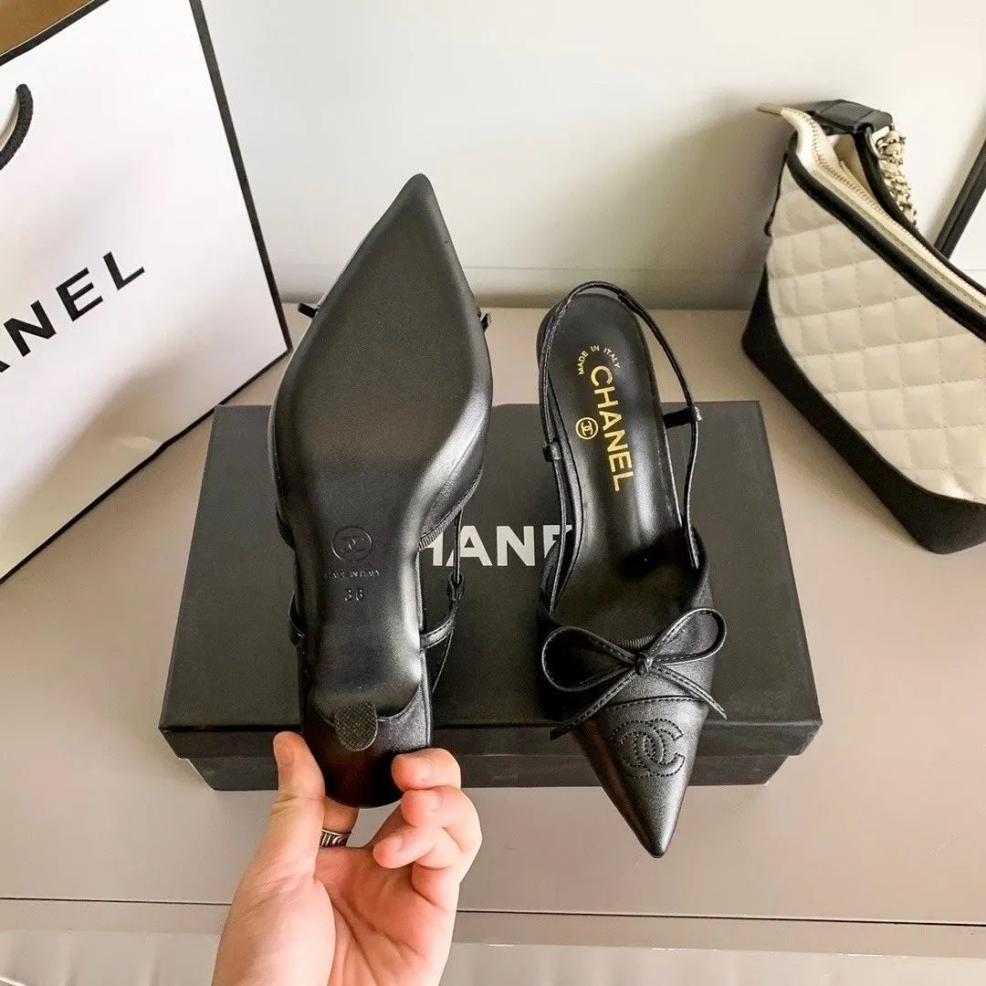 Chanel Luxury Leather Slides Designer High Heels Sandals Woman 7425 Black