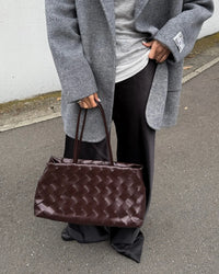 Weaved oil waxed calf leather handle shoulder tote Bag Mirror Length 23 cm - Width 42 cm Woman Y9113 Coffee