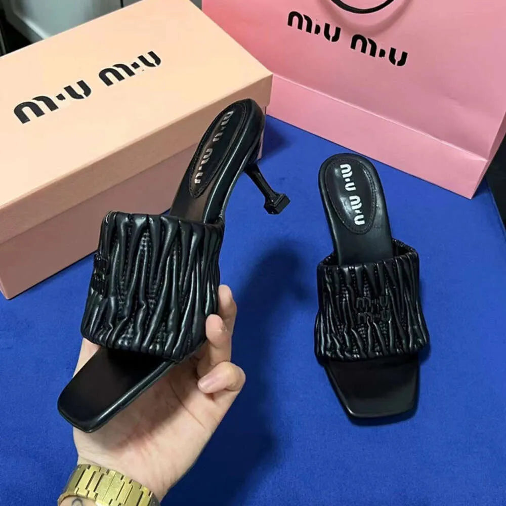 Miu Miu Slipper Designer Slides Leather Padded Front Strap Woman 52725 Black