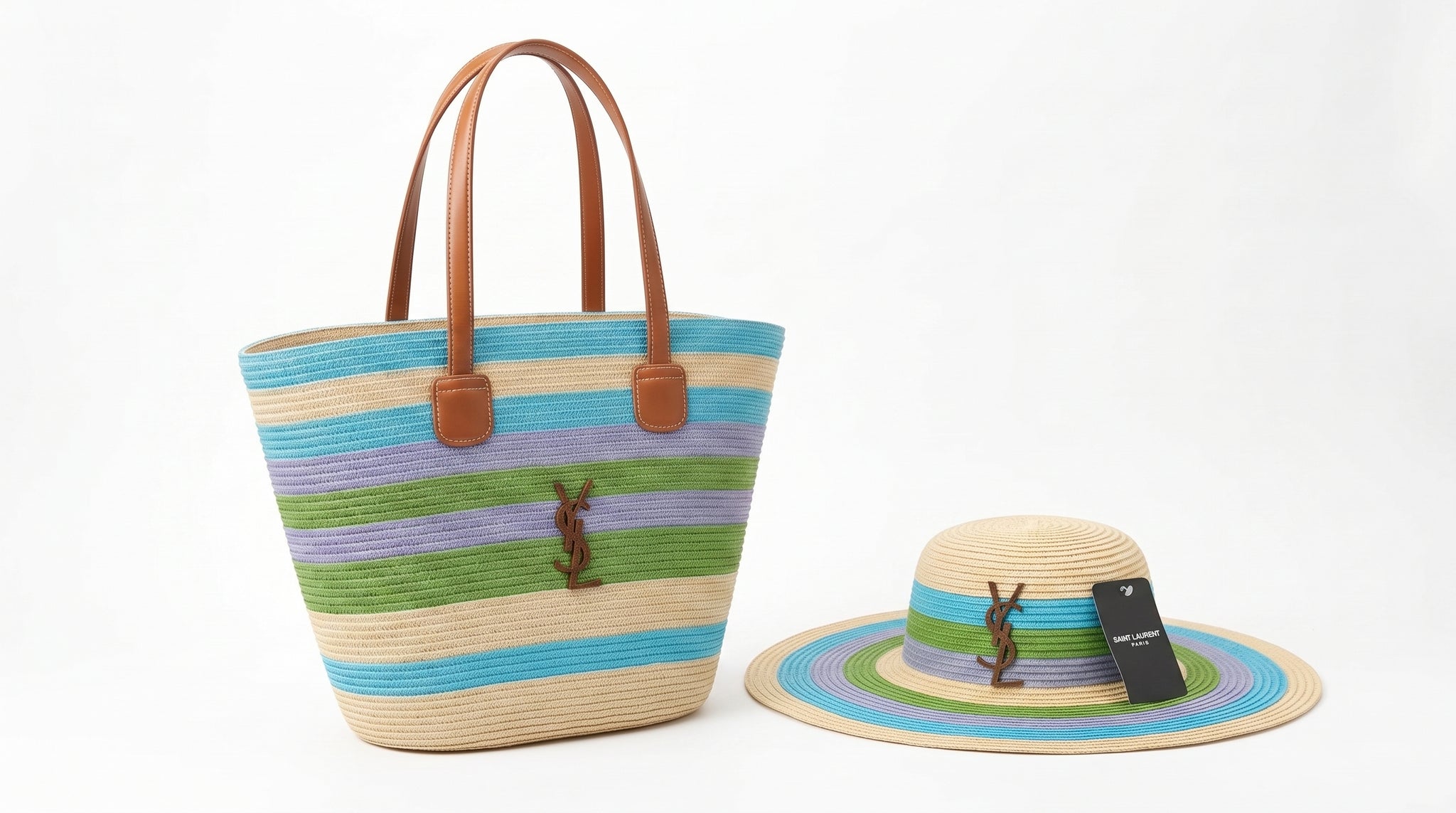 SAINT LAURENT Panier large leather-trimmed raffia tote Bag Woman YSL 209 Blue
