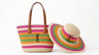 SAINT LAURENT Panier large leather-trimmed raffia tote Bag Woman YSL 209 Fuchsia