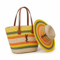 SAINT LAURENT Panier large leather-trimmed raffia tote Bag Woman YSL 209 Yellow