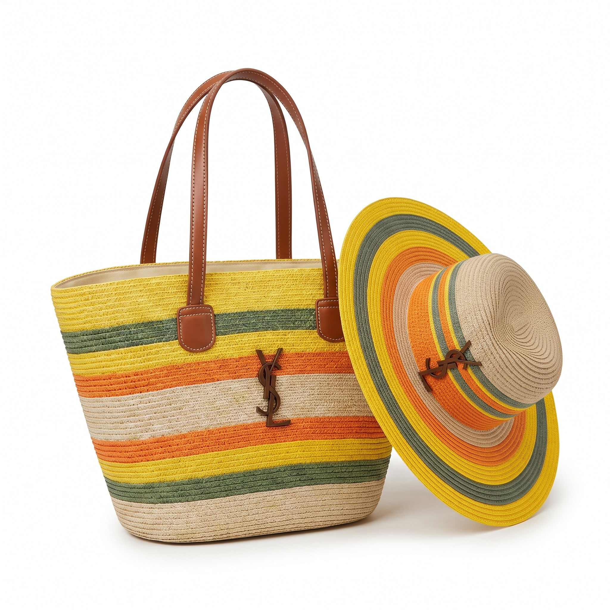 SAINT LAURENT Panier large leather-trimmed raffia tote Bag Woman YSL 209 Yellow