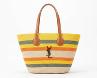SAINT LAURENT Panier large leather-trimmed raffia tote Bag Woman YSL 209 Yellow