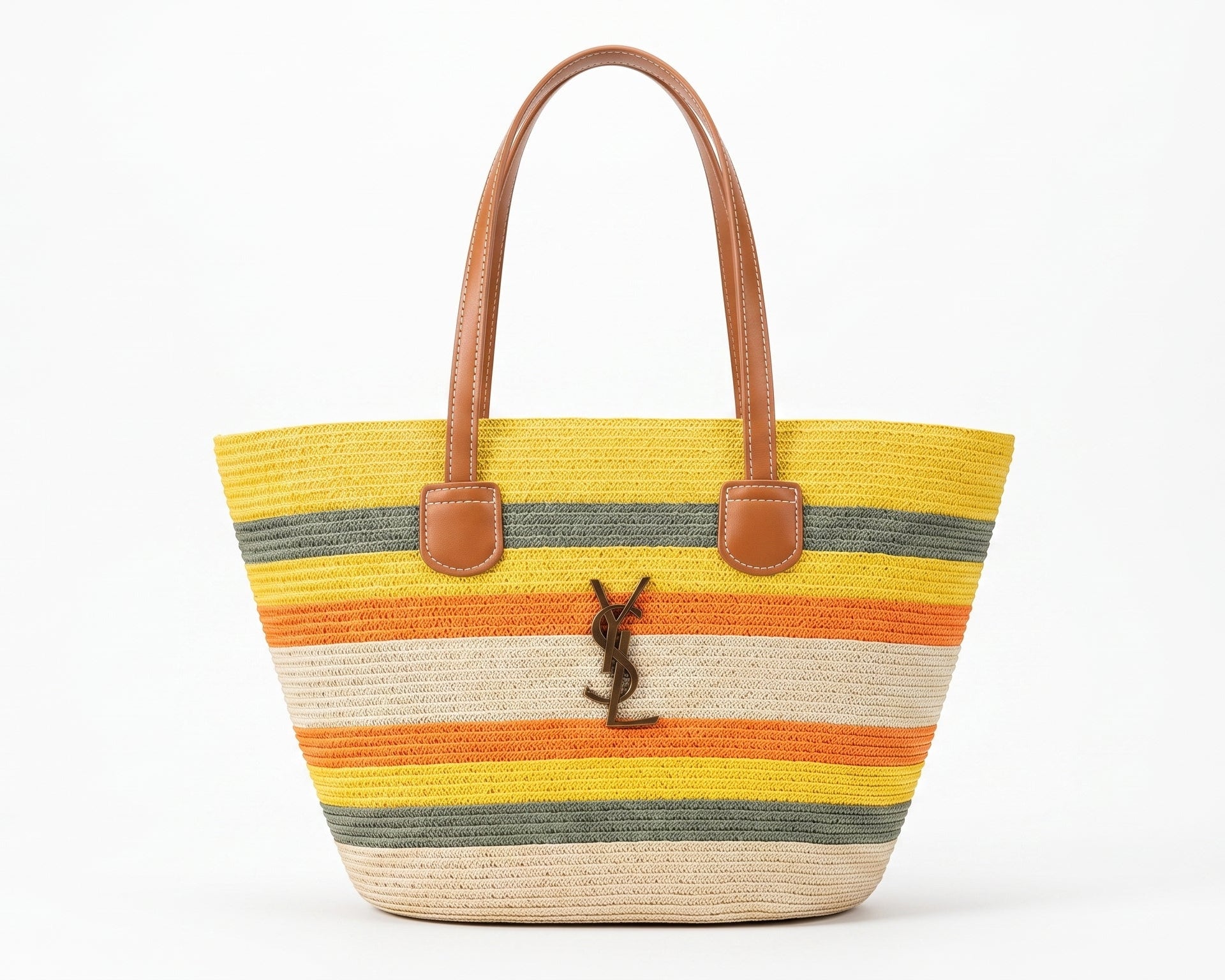 SAINT LAURENT Panier large leather-trimmed raffia tote Bag Woman YSL 209 Yellow
