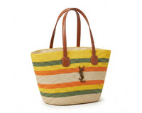 SAINT LAURENT Panier large leather-trimmed raffia tote Bag Woman YSL 209 Yellow